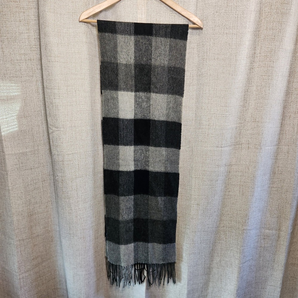Wamsoft 100% Wool‎ Plaid Scarf Black/Gray Fringe 12" x 54" Winter Classic Unisex